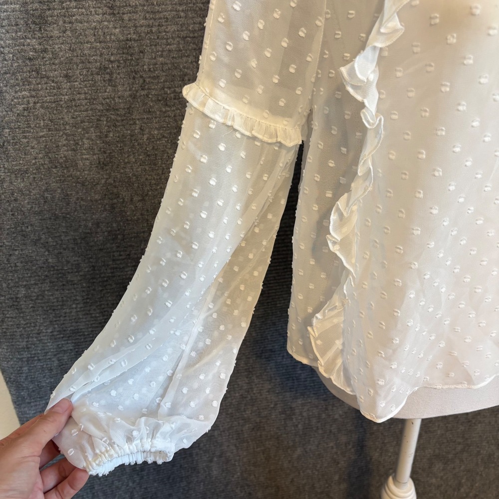 Express Swiss Dot Ruffle Blouse Womens XS White Sheer Boho Cottagecore NWT - Picture 3 of 7